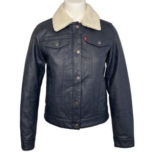 Levi's Faux Leather Jacket Women's Navy Blue‎ Sherpa-Lined Trucker Pocket XS NEW